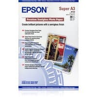 Epson Premium Semigloss Photo Paper, DIN A3+, 250g/m², 20 Sheets, white packaging with colorful photo samples.