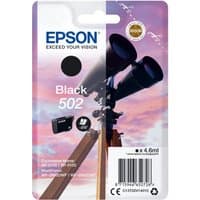 Epson Singlepack Black 502 Ink cartridge with black circle icon, telescope image, and purple sky background.