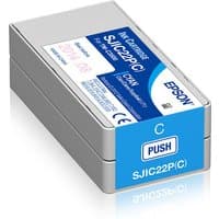 Cyan Epson SJIC22P(C) ink cartridge for ColorWorks C3500, rectangular with blue label and push button.