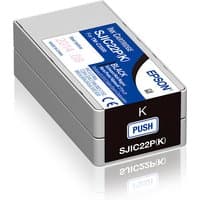 Epson SJIC22P(K) black ink cartridge for ColorWorks C3500, rectangular with blue and white label, push button.