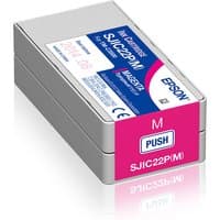 Gray Epson SJIC22P(M) ink cartridge for ColorWorks C3500, magenta label with push button and product details.