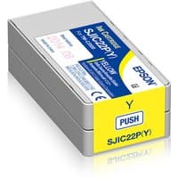 Yellow Epson SJIC22P(Y) ink cartridge for ColorWorks C3500, rectangular with label and push button.