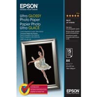 Epson Ultra Glossy Photo Paper A4 pack, 15 sheets, black cover with framed ballerina image and colorful text accents.