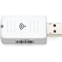 White Epson wireless LAN adapter with USB connector and Wi-Fi symbol on top.