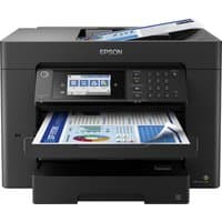 Black Epson WorkForce Pro WF-7840DTWF inkjet printer with touchscreen, control panel, and paper trays.