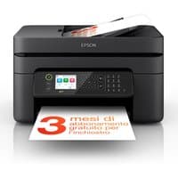 Black Epson WorkForce WF-2950DWF inkjet printer with LCD screen, keypad, and paper tray, featuring Wi-Fi connectivity.