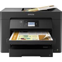 Black Epson WorkForce WF-7830DTWF Inkjet printer with LCD screen and paper tray, supports A3, Wi-Fi enabled.