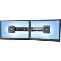 Dual monitor mount accessory with black adjustable arms and VESA plates, designed for side-by-side screen setup.