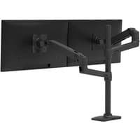 Matte black dual monitor arm with tall pole, adjustable joints, and sturdy base for ergonomic screen stacking.