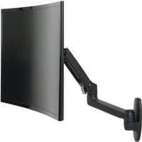 Matte black Ergotron LX wall monitor arm with adjustable joints and sleek design, holding a curved screen.