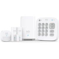 White Eufy 5-piece smart security kit with keypad, motion sensor, entry sensors, and central hub.