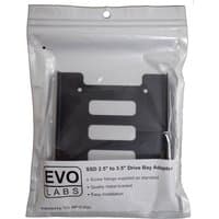 Black Evo Labs HDD mounting bracket in clear packaging with label and screw holes.
