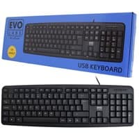 Black Evo Labs KD-101LUK USB QWERTY keyboard with UK layout, numeric keypad, and blue packaging.