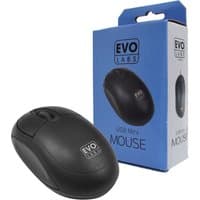 Black Evo Labs MO-001 ambidextrous USB optical mouse with 800 DPI, next to blue packaging box.