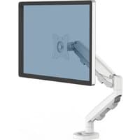 White Fellowes Eppa monitor mount with adjustable arm and square base, designed for 40" screens.