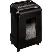 Black Fellowes Powershred 92Cs paper shredder with cross shredding, 23 cm width, transparent window, and caster wheels.
