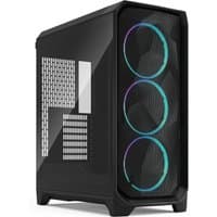 Black gaming case with mesh front, RGB fans, and tinted tempered glass side panel.