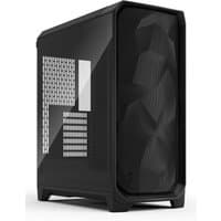 Black Fractal Design Meshify 3 PC case with angular mesh front panel and tinted tempered glass side panel.