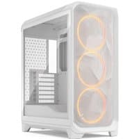 White Fractal Design Meshify 3 gaming case with RGB fans, clear tinted glass panel, and mesh front.