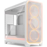 White Fractal Design Meshify 3 XL PC case with RGB lighting, clear tinted glass panel, and mesh front with three fans.