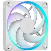 White Fractal Design Momentum 14 cm RGB computer case fan with curved blades and multicolor LED ring.