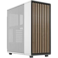 White Fractal Design North case with solid side panel, wooden front slats, and sleek minimalist design.