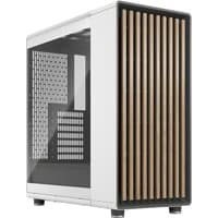 White Fractal Design North Midi Tower with wood front panel slats and tempered glass side window.