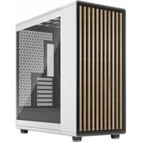 White Fractal Design North XL Midi Tower with wood slat front panel, tempered glass side, and black interior.