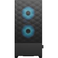 Black Fractal Design Pop Air Tower with cyan LED fans and textured front panel.