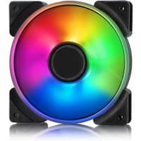 Black and white Fractal Design Prisma AL-12 PWM fan with vibrant RGB lighting in a square frame.