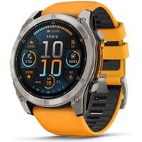 Garmin Fenix 8 smartwatch with 1.4" AMOLED display, silver bezel, orange strap, digital interface showing time and stats.