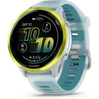 Garmin Forerunner 570 GPS watch, 47mm aluminium case, yellow bezel, light blue strap, digital display with fitness metrics.