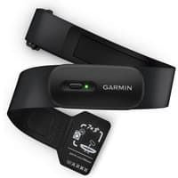 Black Garmin HRM 200 heart rate monitor with adjustable strap and LED indicator.