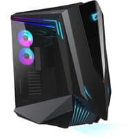 Black GIGABYTE AORUS C700 GLASS PC case, full tower, RGB lighting, tempered glass panel, angular design, pre-installed fans.