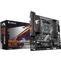 GIGABYTE B550M AORUS ELITE motherboard, black with orange accents, dual M.2 slots, PCIe slots, and heatsinks.