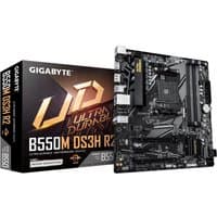 Black Gigabyte B550M DS3H R2 motherboard with PCIe slots, DDR4 RAM slots, and USB ports, next to branded box.