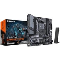 Black GIGABYTE B550M GAMING X motherboard with Wi-Fi 6 antenna, PCIe slots, and DDR4 RAM slots, next to product box.