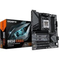 GIGABYTE B650 EAGLE motherboard, black with silver accents, PCIe slots, and heatsinks, next to branded box.