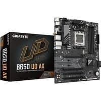 GIGABYTE B650 UD AX motherboard with black PCB, silver heatsinks, and multiple PCIe slots, next to product box.