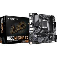 GIGABYTE B650M D3HP AX motherboard with black PCB, silver heatsinks, dual PCIe 4.0 M.2 slots, and WIFI 6E antenna.