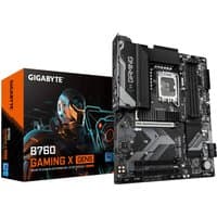 GIGABYTE B760 GAMING X GEN5 motherboard with black PCB, silver accents, and box featuring futuristic design.