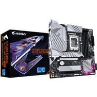 GIGABYTE B760M AORUS ELITE motherboard with silver heatsinks, black PCB, and WiFi 6E support, next to branded box.