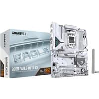 GIGABYTE B850 EAGLE WIFI7 ICE motherboard, white design, multiple PCIe slots, and WIFI 7 antenna, next to packaging.