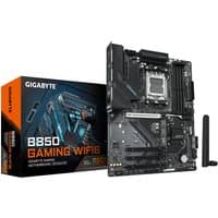 GIGABYTE B850 GAMING WIFI6 motherboard, black with heatsinks, PCIe slots, and antenna, next to branded box.