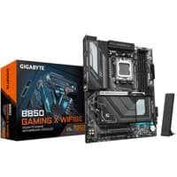 Black Gigabyte B850 Gaming X motherboard with heatsinks, WiFi antenna, and orange-accented packaging.