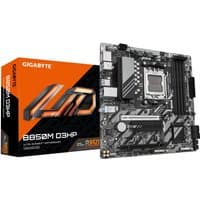 Black and silver Gigabyte B850M D3HP motherboard with orange box, featuring multiple PCIe slots and RAM sockets.