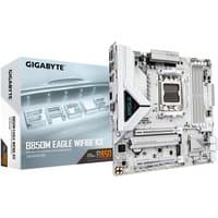 GIGABYTE B850M EAGLE ICE motherboard, white design, Wi-Fi 6E, PCIe slots, DDR5 support, boxed packaging.