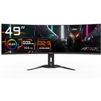 Curved Gigabyte CO49DQ OLED gaming monitor, 49-inch, 5120x1440, sleek black design, 1800R curvature, sturdy stand.