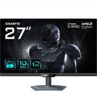 GIGABYTE G27UP 27” 4K UHD gaming monitor with thin bezels, black stand, and futuristic robot graphic on screen