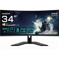 Curved 34" Gigabyte gaming monitor, black frame, wide screen, 180Hz, UWQHD, with futuristic graphics display.